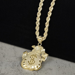 Collana con ciondolo a forma di sacco di soldi in oro massiccio 10k per uomo e donna / Collana con ciondolo a forma di sacco di soldi fortunato, simbolo di ricchezza, regalo per lui e per lei
