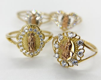 14k Solid Gold Virgin Mary Lady Guadalupe CZ Ring for Women Girls