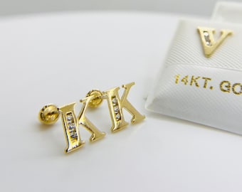 14k Solid Gold Initial Letter Alphabet CZ Mini Stud Earrings for Men Women