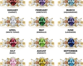 14k Solid Gold Oval Birthstone Ring for All 12 Months, Rose Two-Tone Design, Unique Gift for Girl Her Women, Personalized Jewelry Piece