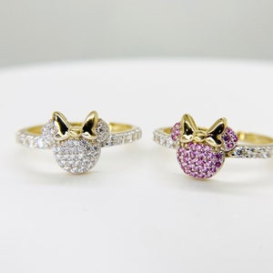 14k Solid Gold Mouse Bow Ribbon Ring with CZ Accents for Women Girls Her / Cute Animal-Inspired Jewelry Gift, Playful Statement Piece