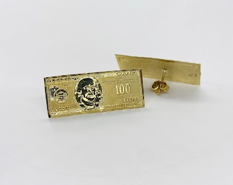 10k Solid Gold 100 hundred Dollar Benjamin Bill Money Stud Earrings Push Back for Men/Women