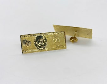 10k Solid Gold 100 hundred Dollar Benjamin Bill Money Stud Earrings Push Back for Men/Women