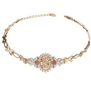 10k & 14k Gold Quinceanera 15th Birthday Rose Flower CZ Pendant Charm Bracelet for Women Girls / Sweet 15 Jewelry Gift for Her