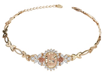 10k & 14k Gold Quinceanera 15th Birthday Rose Flower CZ Pendant Charm Bracelet for Women Girls / Sweet 15 Jewelry Gift for Her