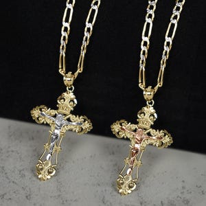 10k & 14k Gold Cross INRI Jesus Crucifix Pendant Necklace Catholic Religious Rose White Gold Diamond Cut Charm Gift for Boy Girl Men Women