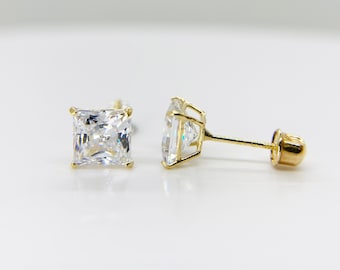 14k Solid Gold Square Classic Simple Screw Back Cubic Zirconia Stud Earrings