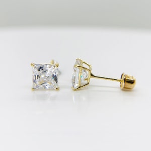 14k Solid Gold Square Classic Simple Screw Back Cubic Zirconia Stud Earrings