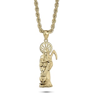 10k Solid Gold Santa Muerte Angel of Death Grim Reaper Diamond Cut Charm Pendant Necklace Gift for Men Women Religious Protection Jewelry