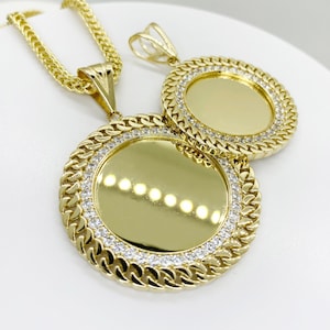10K Solid Gold Personalized Photo Memory Round Circle Cuban Frame CZ Charm Pendant Necklace for Men Women Him Her Mom Dad Gift Idea