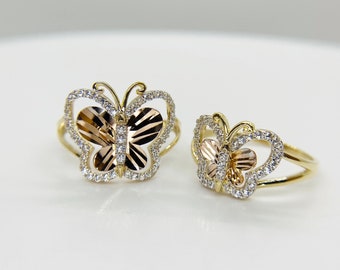 10k & 14k Solid Gold Butterfly Ring Tri-Color Rose White CZ Delicate Jewelry for Women Girl Unique Jewelry Gift for Her