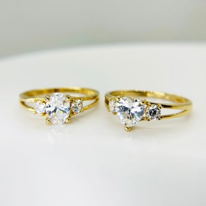 10k & 14k Solid Gold Heart and Round CZ Engagement Promise Ring / Unique Statement Jewelry for Women and Her Perfect for Special Occasions
