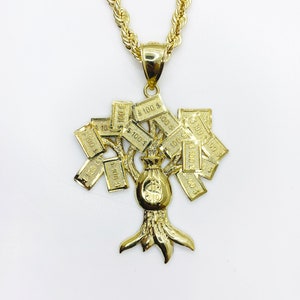 10k Solid Gold Money Bag Hundred Dollar Tree Lucky Pendant for Men Women