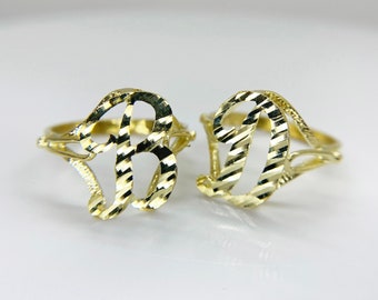 10k Solid Gold Cursive Initial Ring, Diamond Cut Monogram