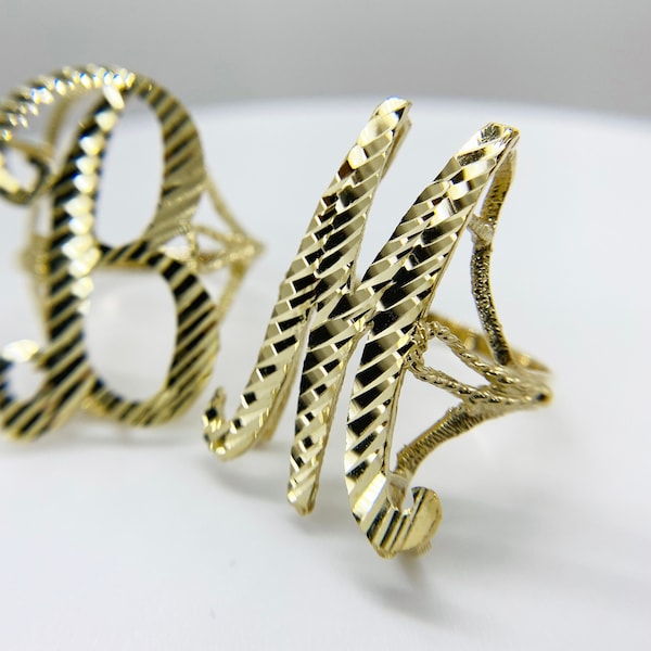 10k Solid Gold Cursive Initial Letter Monogram Ring (Large 28.8mm) / Diamond Cut Alphabet Personalized Jewelry Gift for Women Girls Her