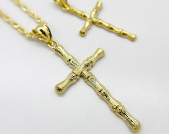 Collar con colgante de cruz de bambú de oro macizo de 10 quilates con crucifijo de Jesús, joyería fina religiosa, regalo para niños, hombres y mujeres, declaración simbólica de fe.