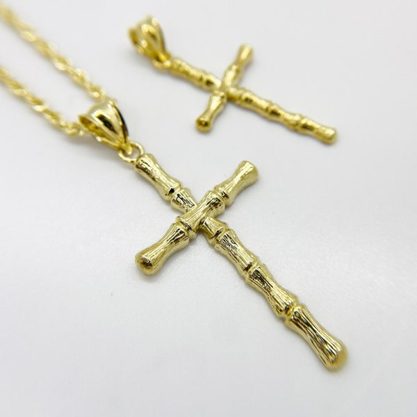 10k Solid Gold Bamboo Cross Jesus Crucifix Charm Pendant Necklace Religious Fine Jewelry Gift for Kids Men Women Faith Symbolic Statement