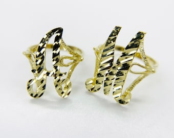 10k Solid Gold Cursive Initial Letter Monogram Ring (Medium 22.0mm) Diamond Cut Alphabet Personalized Jewelry Gift for Women Girls Her