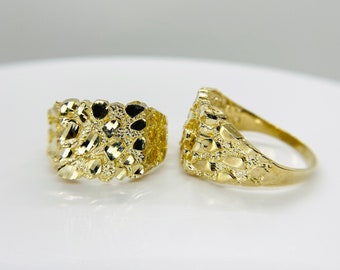 10k & 14k Solid Gold Nugget Smashed Vintage Diamond Cut Square Vintage Band Ring Gift for Men Women - Perfect Jewelry Gift for Her and Him