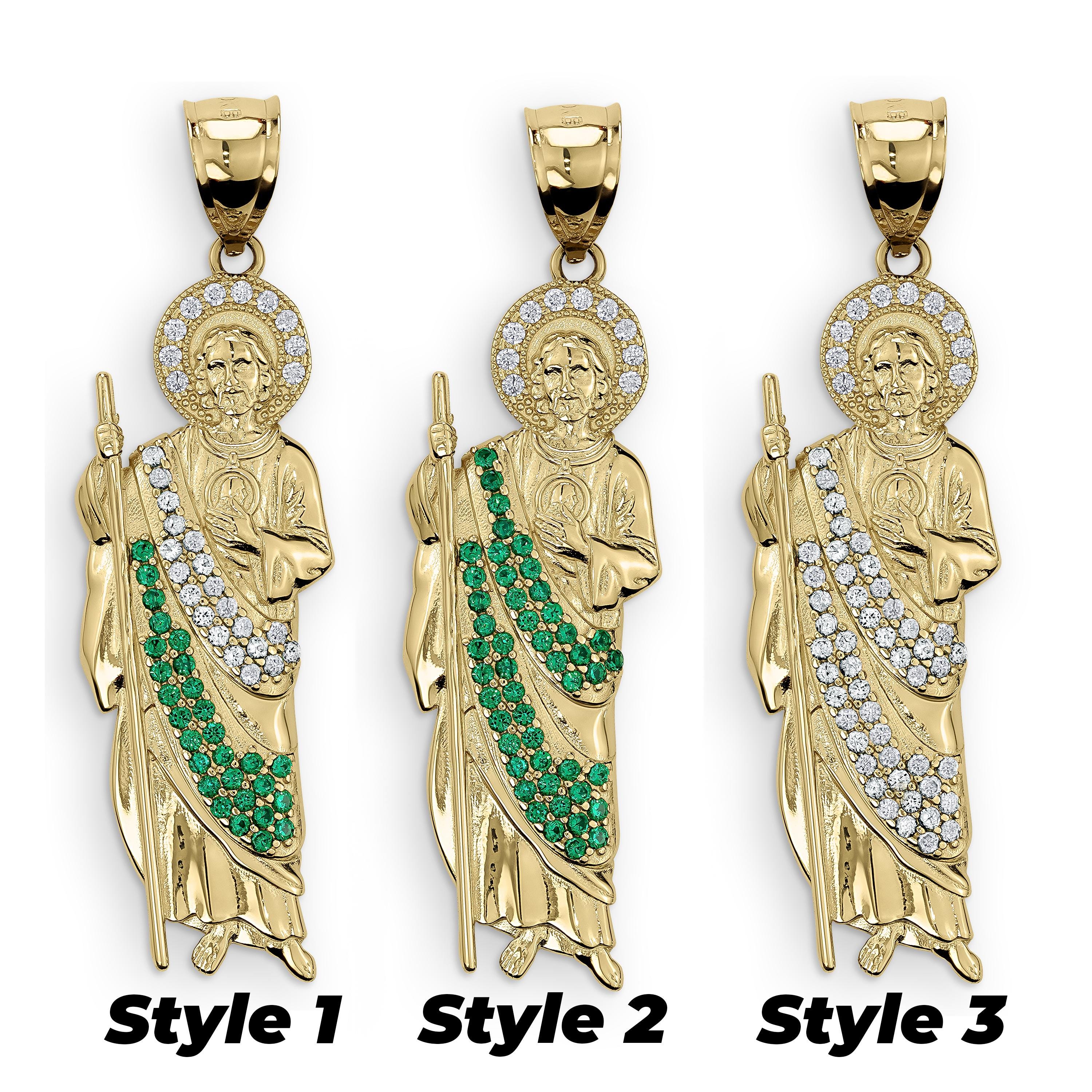 10k & 14k Solid Gold Saint Jude San Judas Green CZ Charm Pendant Chain ...