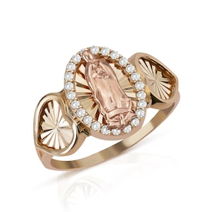 14k Solid Gold Virgin Mary Guadalupe Rose Round Two-Sided Heart CZ Ring Unique Religious Jewelry Gift for Women/Girls Faith-Inspired Charm