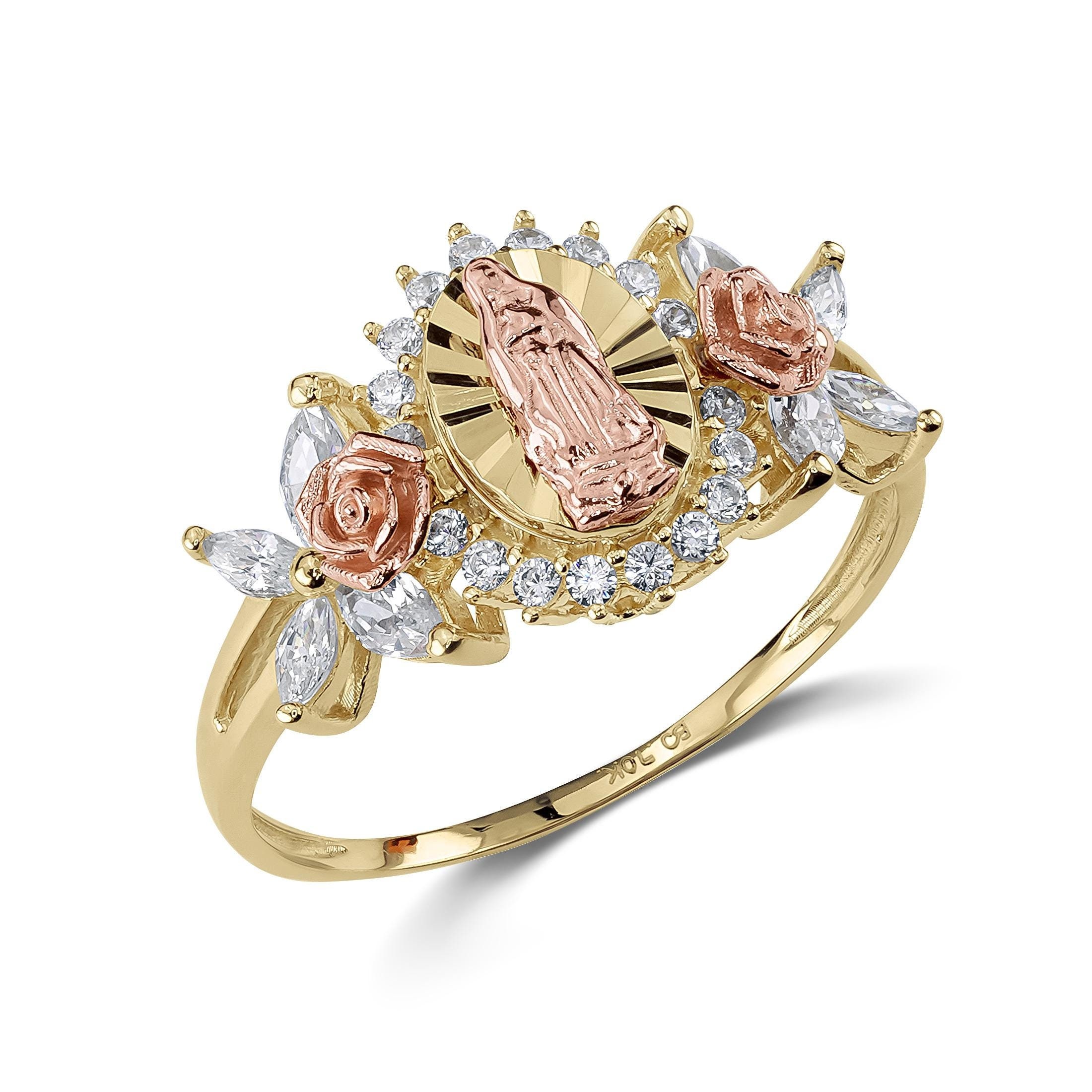 10k & 14k Gold Virgin Mary Guadalupe Rose CZ Ring / Gift for Women 
