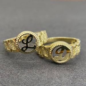 10k Solid Gold Round Initial Letter Alphabet Rollie Ring for Women/Men