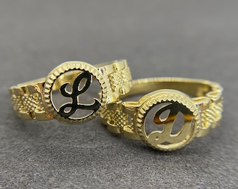 10k Solid Gold Round Initial Letter Ring Personalized Alphabet Rollie Ring for Women & Men Customizable Jewelry Gift for Her Him