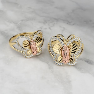 10k & 14k Solid Gold Virgin Mary Virgen Maria Lady Guadalupe Butterfly CZ Ring for Women Girl / Religious Jewelry Gift Ring for Her