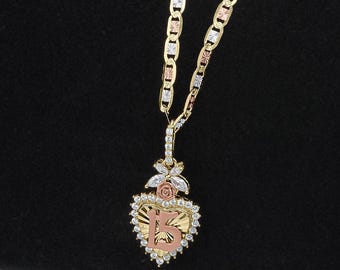 14k Solid Gold Quinceanera Necklace: Rose CZ Pendant, 15th Birthday Gift