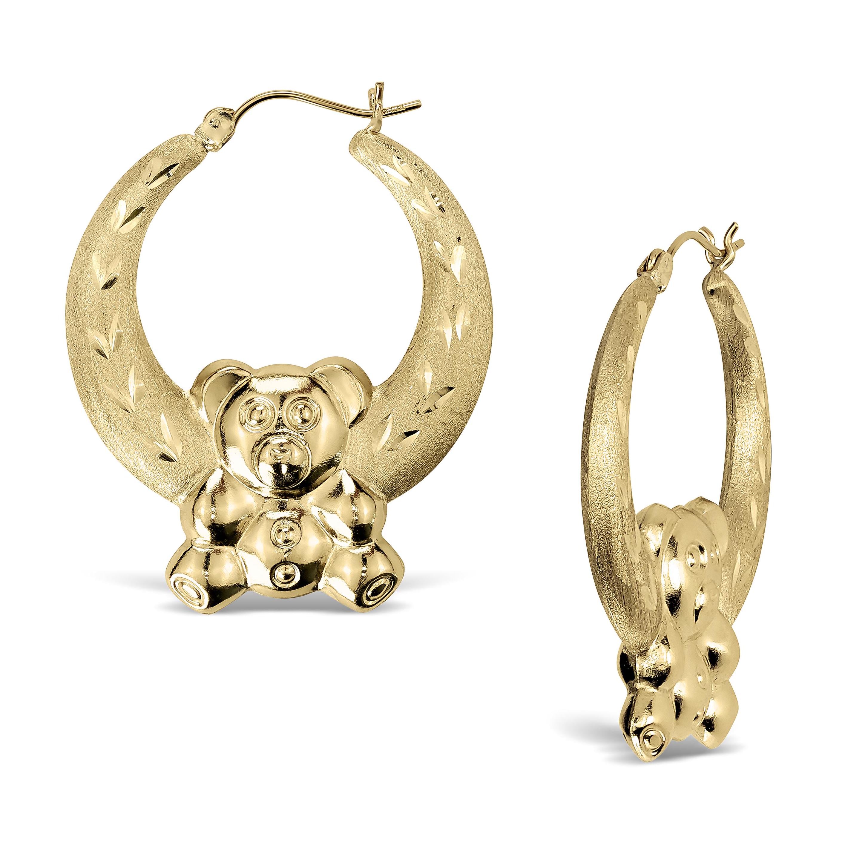 10k Gold Teddy Bear Hoop Earrings - Diamond Cut, Round, Cute Gift for Girls Women and Her, Adorable Jewelry for Special Occasions