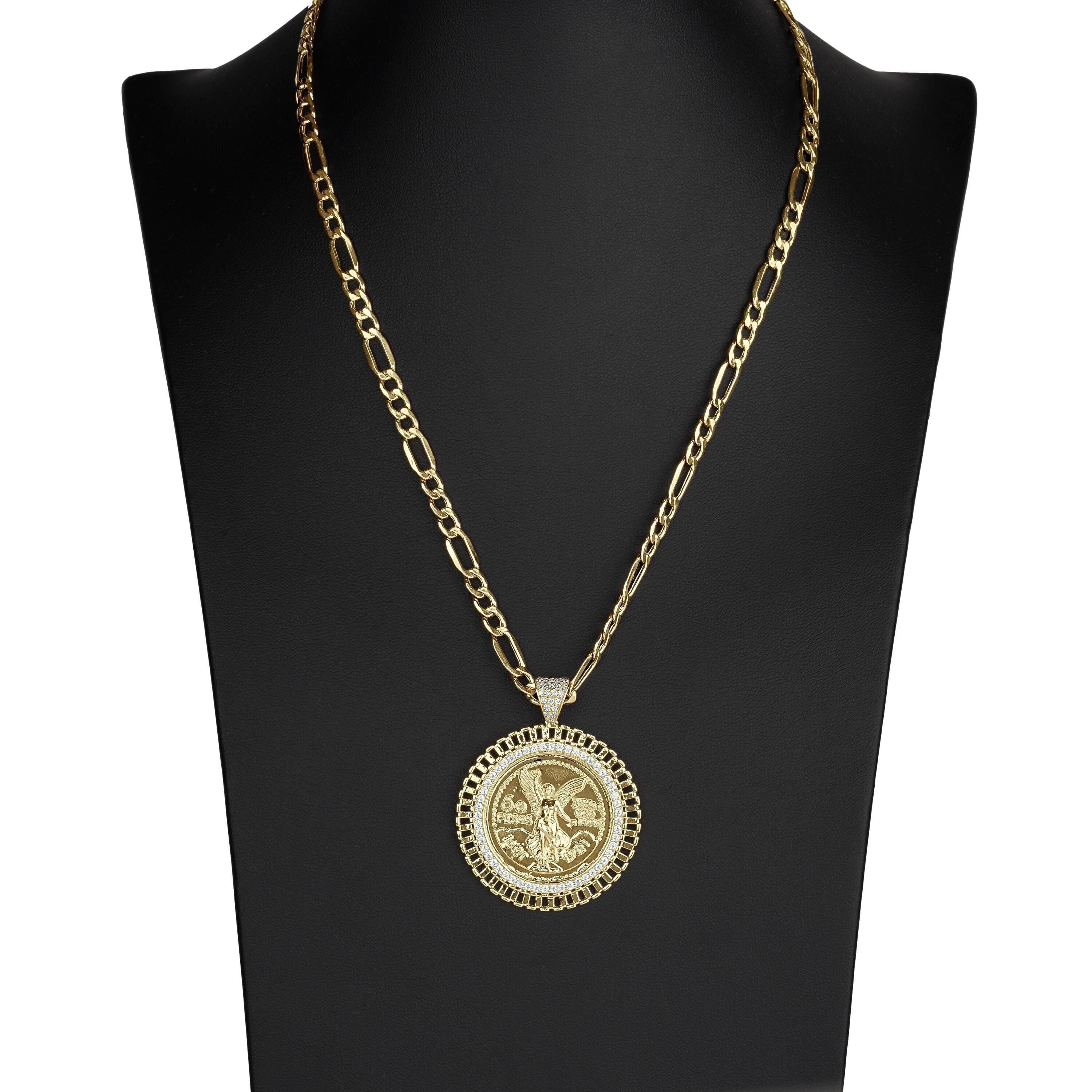 14k Solid Gold Centenario 50 Pesos Mexican Coin Rollie Style Round Circle CZ Pendant Necklace Chain Set / Jewelry Gift for Men Women Her Him