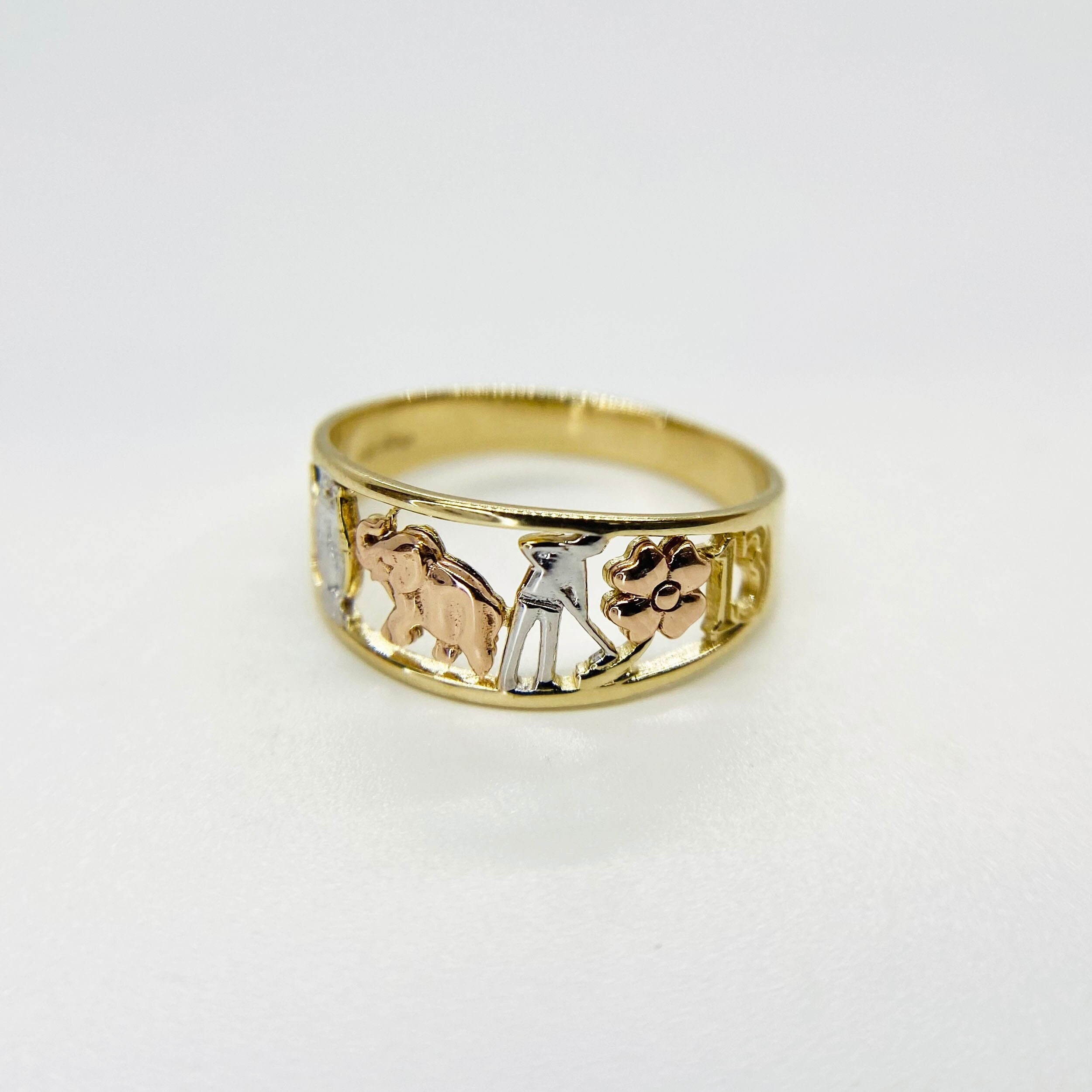 10k & 14k Solid Gold Elephant Motif Ring for Women Girls / Lucky Tri-Color Design Symbolic Animal Jewelry Unique Gift for Her