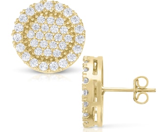 May include: A pair of gold round stud earrings with a pave setting of small clear cubic zirconia stones. The earrings have a post and butterfly back.