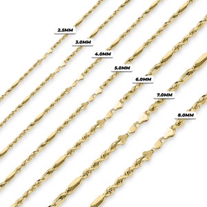 Various gold rope chains of different thicknesses, ranging from 2.5mm to 8.0mm. Each chain is displayed horizontally, with its corresponding size label. The chains are linked together, creating a visual representation of their comparative widths.