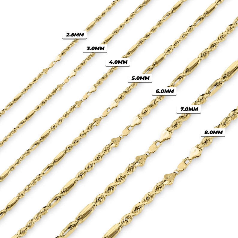 Various gold rope chains of different thicknesses, ranging from 2.5mm to 8.0mm. Each chain is displayed horizontally, with its corresponding size label. The chains are linked together, creating a visual representation of their comparative widths.
