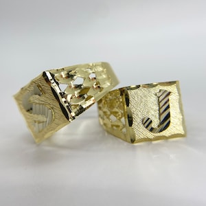 10k Solid Gold Diamond Cut Initial Monogram Square Ring Large (12.0mm) Letter Jewelry Alphabet Band Made in USA for Men Him