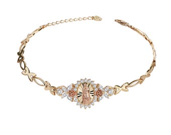 Pulsera con dije de la Virgen María de Guadalupe en oro macizo de 10k y 14k con circonitas redondas. Regalo elegante y atemporal para mujeres y niñas. Acabado en oro rosa.