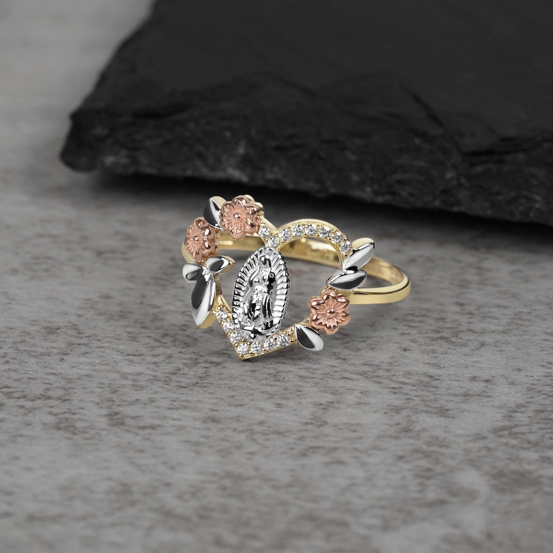 10k & 14k Solid Gold Virgin Mary Guadalupe Heart Rose Gold CZ Tricolor ...