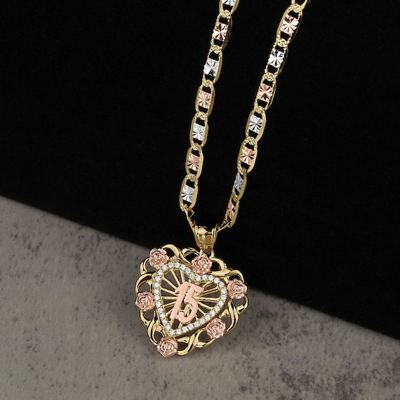 14K Gold Quinceanera Heart Charm Pendant &2.6mm Valentino Star DC