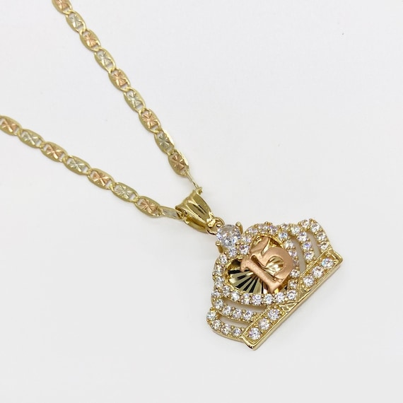 10k & 14k Solid Gold Quinceanera Crown CZ Pendant Necklace 15th