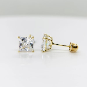 14k Solid Gold Square Classic Simple Screw Back Cubic Zirconia Stud Earrings Elegant Everyday Jewelry Perfect Gift for Her and Him