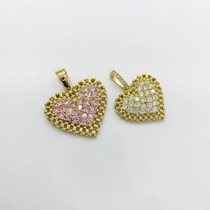 Pingente de coração em ouro maciço 10k com zircônias cúbicas rosa e brancas, estilo Rollie, joia elegante para presentear mulheres e meninas.