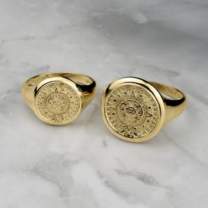 Anillo de sello circular con símbolo del sol maya azteca de oro macizo de 10k y 14k para niños, hombres y mujeres. Joyería de oro única y atemporal para él y ella.
