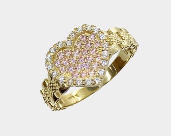 Anel em ouro maciço 10k com coração em zircônias cúbicas rosa e brancas, estilo presidencial, para mulheres e meninas - Joia elegante e sofisticada para presente.