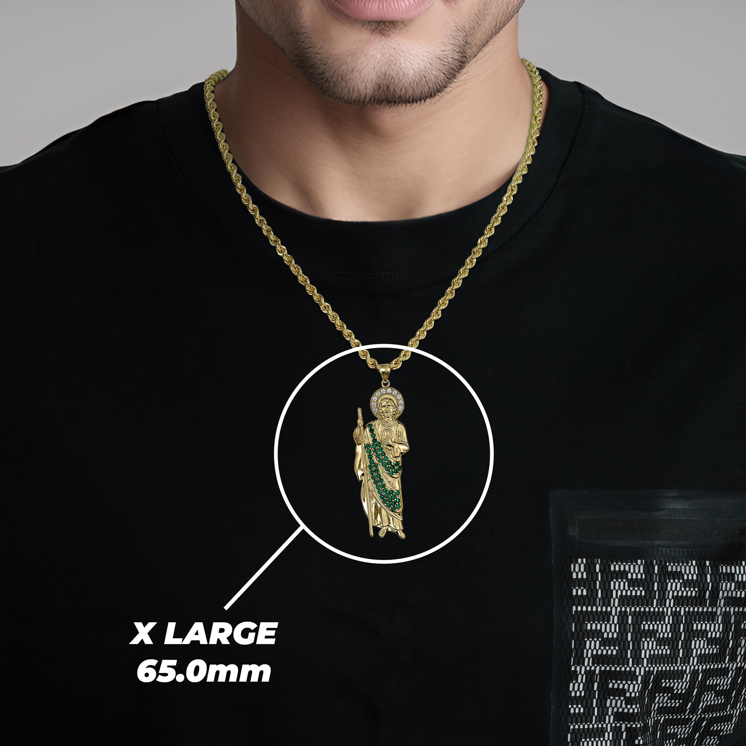 10k & 14k Solid Gold Saint Jude San Judas Green CZ Charm Pendant Chain ...