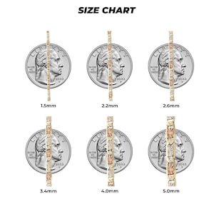 May include: Size chart showing different widths of gold chains compared to the size of a US quarter. The chain widths are 1.5mm, 2.2mm, 2.6mm, 3.4mm, 4.0mm, and 5.0mm.