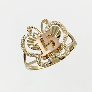 10k & 14k Solid Gold Quinceanera 15th Birthday Beautiful Butterfly Rose Gold CZ Ring for Women/Girl - Perfect Jewelry Gift for Her