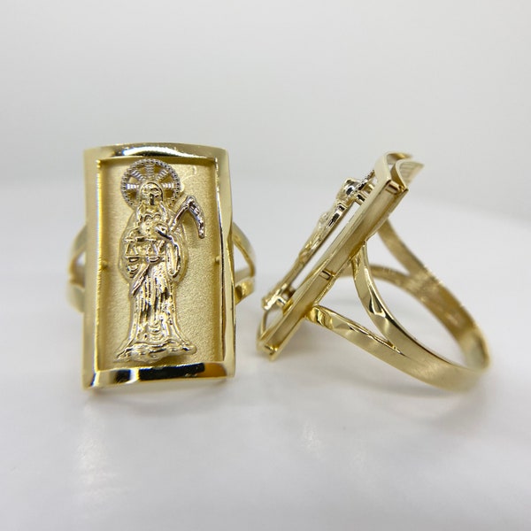 14k Solid Gold Santa Muerte Death Grim Reaper Rectangular Ring for Men Women