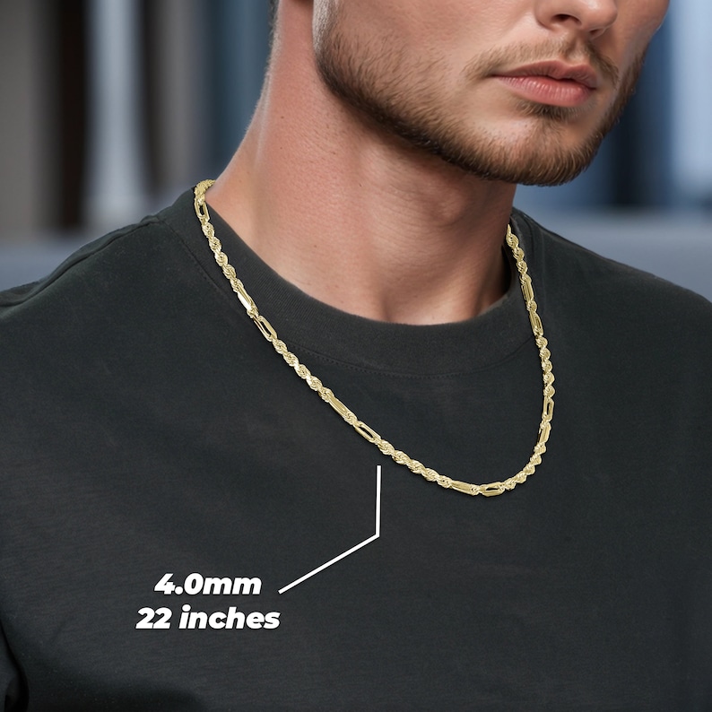 A 10k Gold Classic Milano Rope Chain Link Necklace. The necklace is solid, 4.0mm wide, and 22 inches long, suitable for both men and women. The man is wearing an active shirt and is showcasing the necklace around his neck.